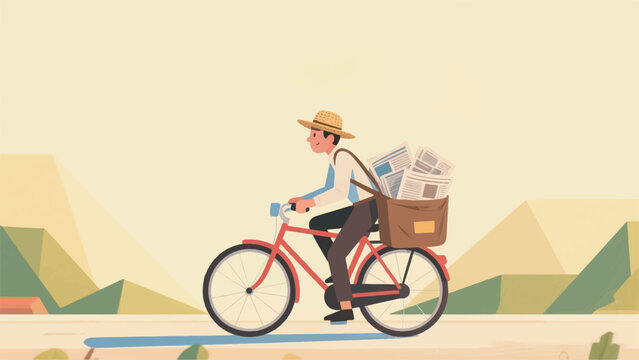 Illustration of Newsboy on a Bicycle with City Background Design Template