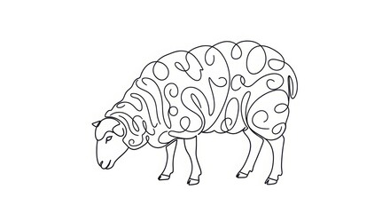 Whimsical outline drawing of a sheep with paisley patterns grazing peaceful countryside scene animal art detailed hand drawn style