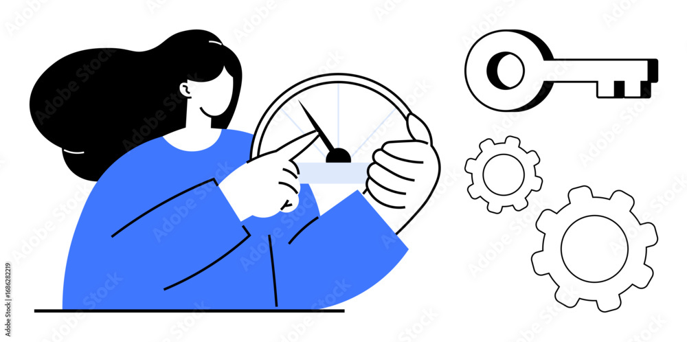 Poster female figure manipulating a speed dial, surrounded by key and gear illustrations. ideal for workflo