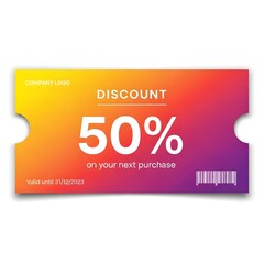 Promotional fifty percent off coupon with a modern colorful gradient background. Vector illustration of a shopping voucher for marketing