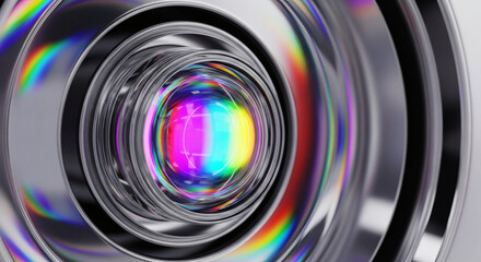 Close-up of a camera lens with vibrant rainbow-colored reflections on a metallic surface