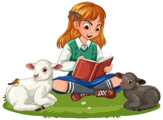 Girl Reading Book on Grass with Two Lambs