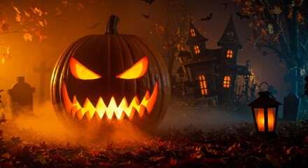 Spooky Front Yard Halloween with Giant Glowing Pumpkin and Haunted House Decor