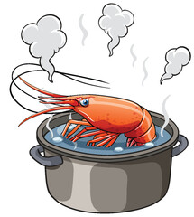 Boiling Shrimp in Steaming Metal Pot Illustration