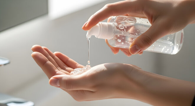 Close-up of hands dispensing clear sanitizer gel from a pump bottle into a palm.