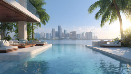 Fototapeta premium Photorealistic Infinity Pool Overlooking Miami Cityscape