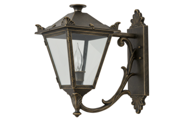 Antique wall lantern vintage style outdoor lighting fixture ornate metal design glass panel transparent background