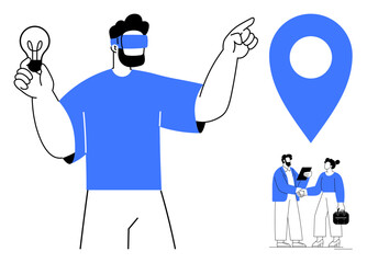 Man wearing a VR headset holding a glowing lightbulb and pointing towards a large map pin two businesspeople conversing and formal handshake. Ideal for technology, innovation, teamwork, navigation