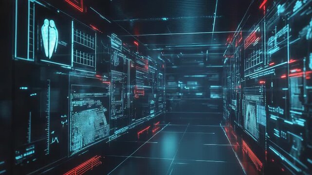 Digital human walking in futuristic technological control room