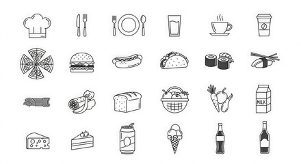 Food and Drink Outline Icons Set: Restaurant Menu Elements