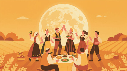 Illustration of German Village Harvest Festival with Full Moon Background
