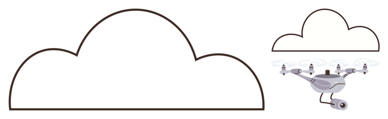 Autonomous Quadcopter equipped with camera flying beside cloud shape, symbolizing data, tech, and IoT. Ideal for AI, surveillance, delivery, cloud computing innovation communication exploration