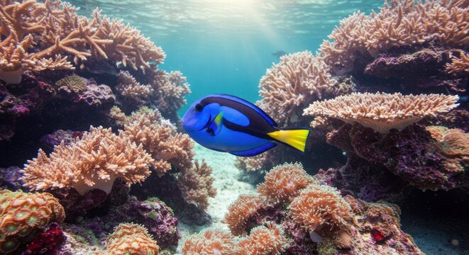 A Blue Tang Fish Swimming Gracefully Among Vibrant Coral Reefs