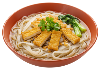 Asian noodles soup with tofu and bok choy in orange bowl