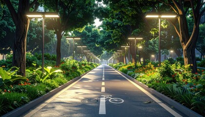 A serene, well-lit pathway lined with lush greenery and modern lighting fixtures, perfect for cycling or strolling.