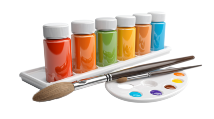 Paint bottles with brushes and palette