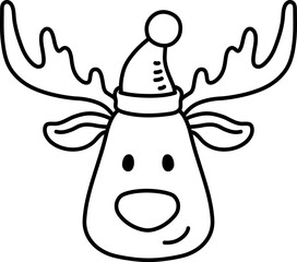 Vector Cartoon Hand Illustrated Happy Reindeer Head With Hat Line Art