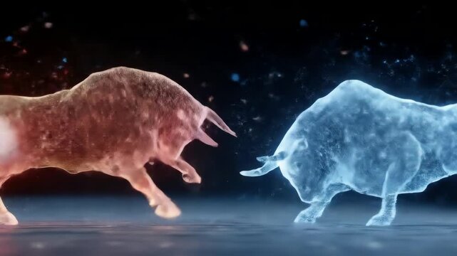 Charging Bull Digital Animation: Red Versus Blue Stock Market Competition