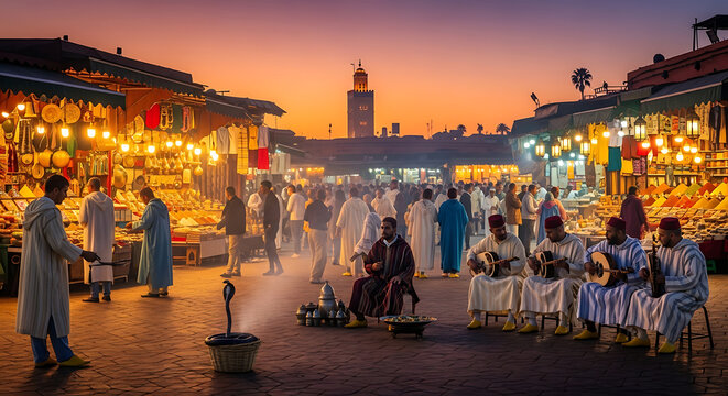Evening scene at djemaa el fna market with musicians and snake charmer in marrakech morocco africa