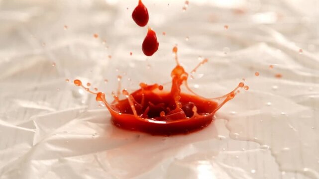 gota de salsa de tomate cayendo en c&aacute;mara lenta en tela blanca creando una macha