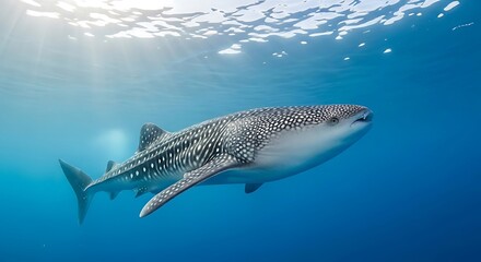 Majestic Whale Shark Swimming in Clear Blue Ocean Waters