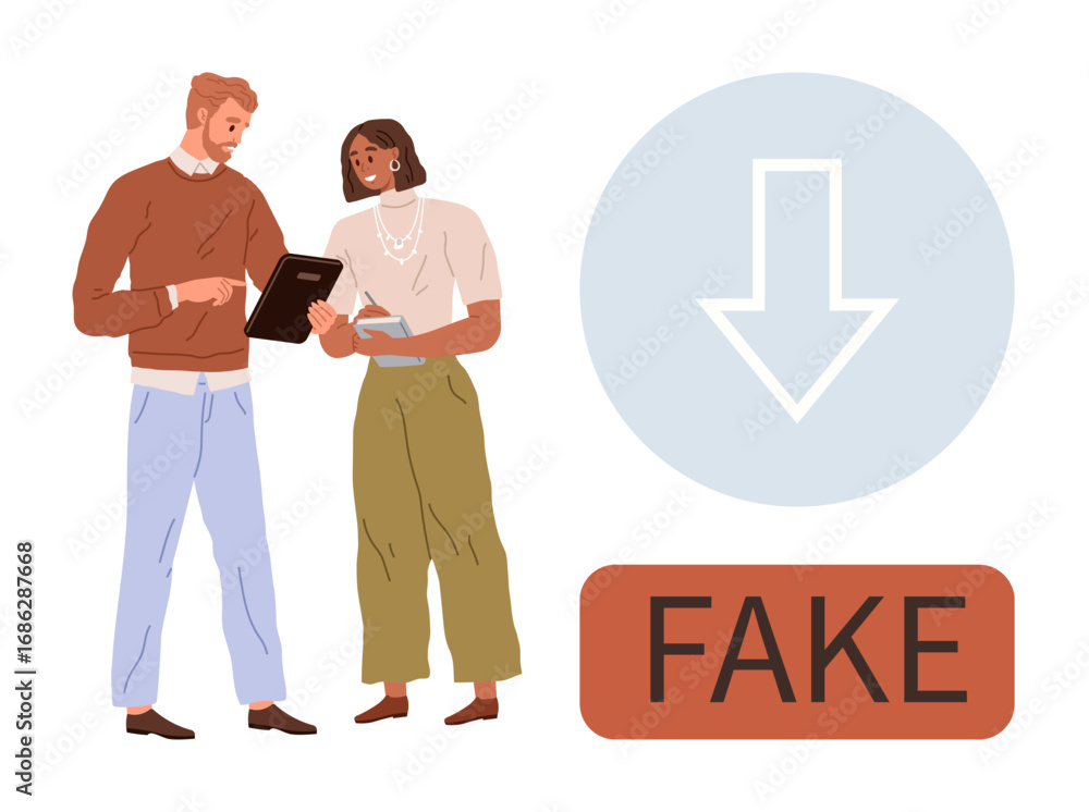Aufkleber two colleagues exchange ideas using tablets while addressing issues of fake content and misrepresent