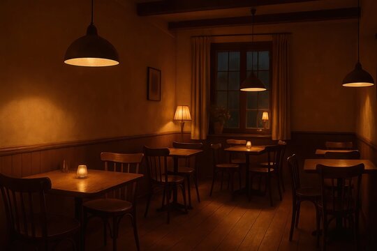 Cozy restaurant interior with warm ambient lighting, wooden tables, pendant lamps and intimate evening atmosphere for dining