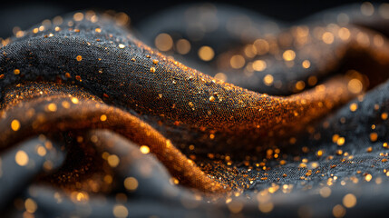 Fototapeta premium Close up of draped fabric with gold glitter and bokeh light background.