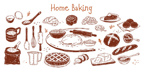 Hand-drawn vector set of home baking items in monochrome textured style. Includes apple pie, croissant, bread, cookies, flour, dough, whisk, rolling pin, honey, jam, and butter