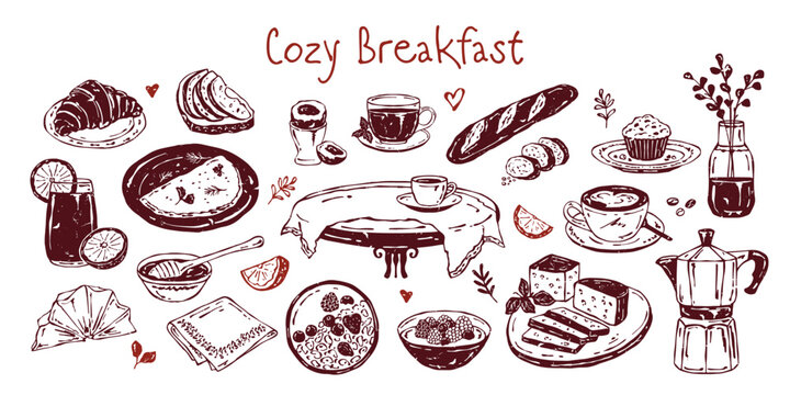 Hand-drawn vector set of cozy breakfast food and drinks in monochrome textured style. Includes cappuccino, tea, croissant, toast with avocado, omelet, baguette, egg, cheese, yogurt and more