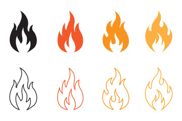 Fire icons set. Fire symbol set. Red, Black and Orange fire icons. Collection of hot flaming element. Idea of energy and power. Energy, danger, alert, warning,  emergency Symbol and emergency Symbols.