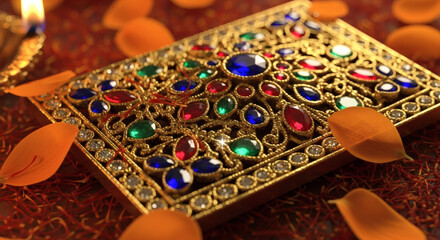 Close-up of a colorful, ornate gold jewelry box with gemstones on a red velvet surface with scattered autumn leaves.