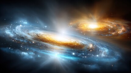 Fototapeta premium Vast cosmic scene depicting two interacting galaxies with bright luminous centers and swirling star formations in deep space