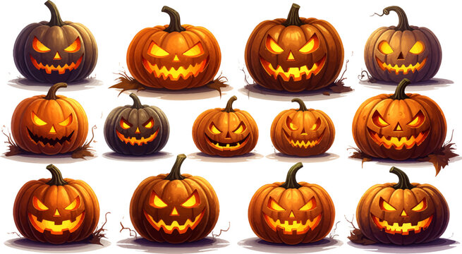 Halloween pumpkins with glowing faces. Spooky carved pumpkins for Halloween. Creepy jack-o'-lanterns with spooky glow. Halloween pumpkin artwork collection. Scary pumpkins for spooky Halloween vibes - Powered by Adobe