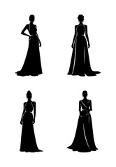 set of silhouettes of women in dresses, isolated background