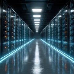Fototapeta premium A data center with server racks aligned perfectly down a long, well-lit corridor, showcasing the core of digital infrastructure