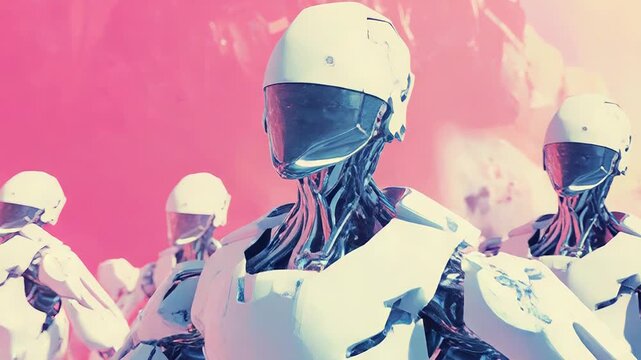 White robots marching in pink alien landscape
