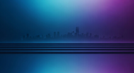 Abstract cityscape skyline with dark blue and purple gradient background