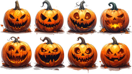 Creepy glowing jack-o’-lantern pumpkins. Spooky Halloween pumpkins with sharp faces. Scary pumpkin carvings for Halloween night. Glowing jack-o’-lanterns with eerie smiles. Creepy pumpkins lit up