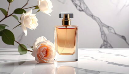 elegant luxury perfume bottle with golden cap placed on a white marble surface with gold veining, minimalistic and premium fragrance concept