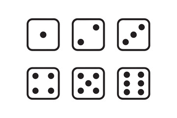 A black and white vector sketch illustrates six faces of a dice, defined with solid black outlines, suitable for gaming, design, or education.