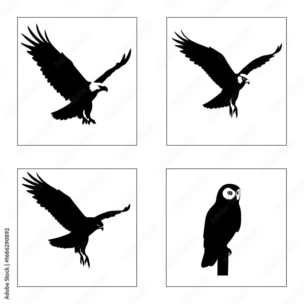 Poster four square images displaying silhouettes of eagles in flight and an owl perched on a post image