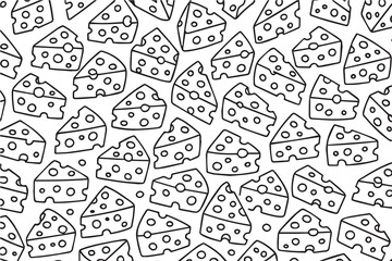 A black and white vector sketch illustrates many cheese portions, defined with solid black outlines, suitable for culinary, educational, or decorative themes.