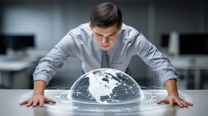 Businessman Analyzing Global Data on Holographic Interface Futuristic Technology Modern Workplace