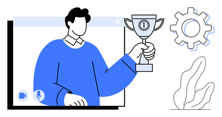 Person holding a trophy during a video call, symbolizing achievement. Includes video interface, gear icon, and abstract plant elements. Ideal for success, teamwork, digital event, motivation