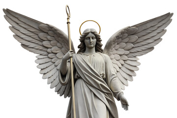 Beautiful stone statue of a female angel with large detailed wings and a golden halo, holding a staff, isolated on a pure white background