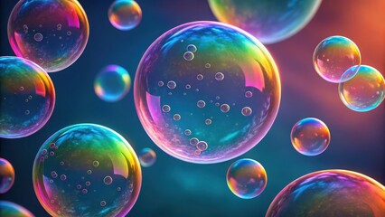 Iridescent soap bubbles floating in a dark dreamlike environment reflecting vibrant rainbow colors and light