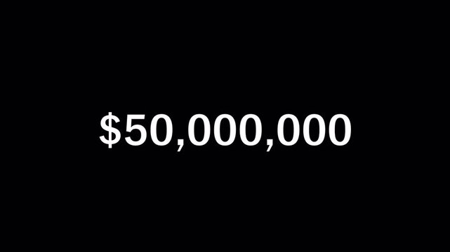 One hundred million dollars numbers counting animation, financial success increasing dollar numbers animated with alpha channel.
