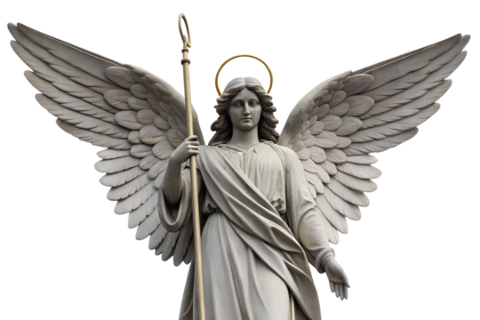Beautiful stone statue of a female angel with large detailed wings and a golden halo, holding a staff, isolated on a pure white background