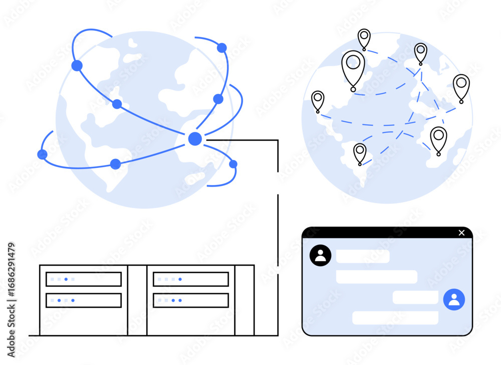 Poster earth with connected locations, data center servers, and messaging app interface. ideal for networki